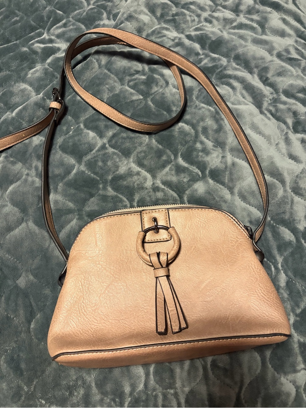 Taupe Faux-Leather Crossbody with Tassel Ring